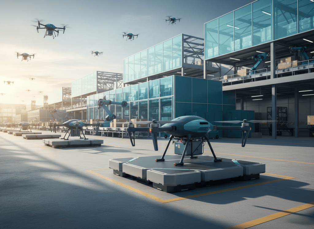 Photorealistic editorial image of autonomous delivery drone operations at a modern logistics facility, one delivery UAV approaching a launch and recovery area while warehouse and package infrastructure appear in background, commercial civilian operation, dramatic daylight, deep blue and teal accents, sophisticated supply-chain technology publication aesthetic, no logos, no text