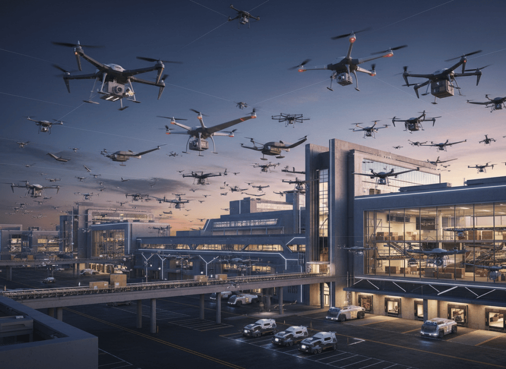 Photorealistic wide editorial aerospace image of multiple distinct commercial delivery drones operating around a modern fulfillment center, conveying a competitive emerging industry and scaled autonomous logistics network, realistic civilian aircraft, dark navy blue sky accents and warm industrial lights, premium business magazine photography, no logos, no text, no weapons