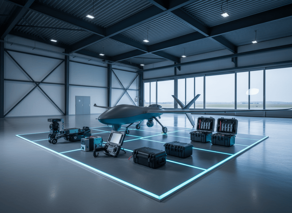 Photorealistic commercial aerospace editorial image showing a professional unmanned aircraft system and integrated mission package in a clean industrial hangar, aircraft, payload module, rugged ground control equipment and battery cases arranged with precision, deep navy and cool steel tones with restrained cyan technical lighting, premium aviation industry publication, no logos, no text, no weapons