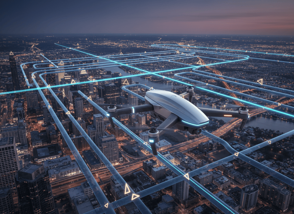 Photorealistic commercial drone flying over the edge of a modern American city with subtle translucent airspace corridors and navigation geometry integrated into the scene, sophisticated aviation regulation and airspace management concept, navy blue, cyan and restrained amber palette, realistic editorial aerospace photography, no logos, no text, no weapons