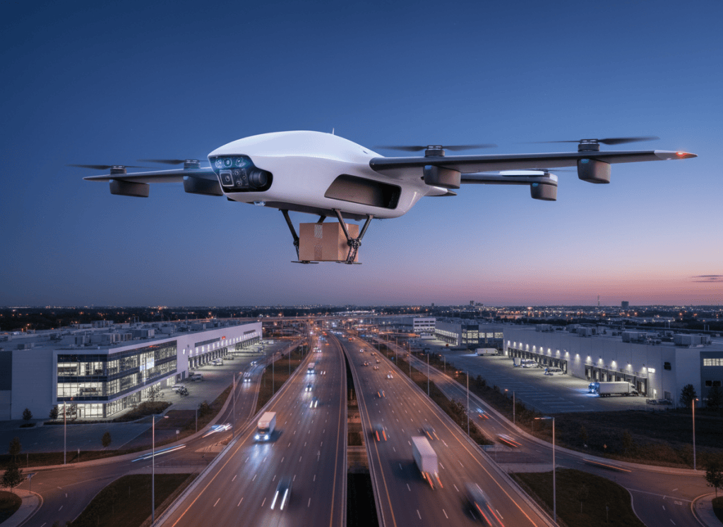 Photorealistic editorial aerospace photograph of a sleek commercial autonomous package-delivery drone in flight above a modern suburban logistics corridor at dusk, small parcel securely carried beneath aircraft, sophisticated civilian aviation technology, cinematic blue-hour sky, subtle amber city lights, premium aerospace trade publication aesthetic, realistic engineering details, no logos, no text, no military weapons